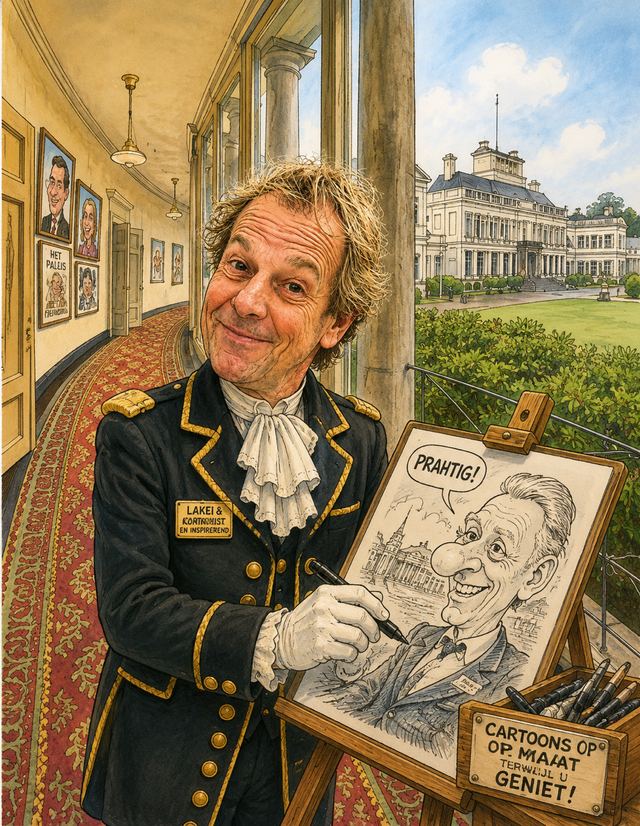 Watercolour and ink cartoon: cartoonist Hans Esser in a footman's uniform draws a caricature on an easel in a palace hallway