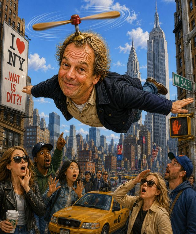 Painted caricature scene: cartoonist Hans Esser flies over Manhattan with a propeller cap while New Yorkers look up in surprise