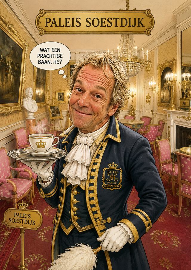 Caricature of cartoonist Hans Esser as a footman at Paleis Soestdijk, serving tea on a silver tray with a thought bubble saying what a wonderful job it is