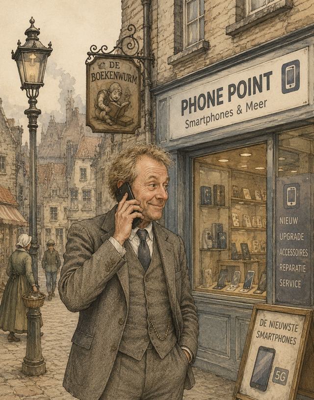 Nostalgic pen-and-wash illustration of Hans Esser on the phone in an old Dutch street, in front of a modern phone shop