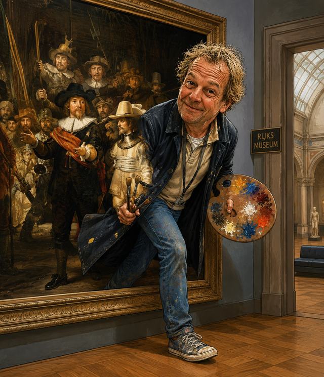 Painted cartoon of Hans Esser with palette and brush stepping out of a classic Dutch group portrait in a museum hall